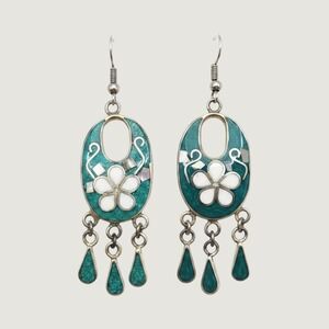Vintage Alpaca Mexico Earrings Boho Green Enamel Mother of Pearl Floral Dangle